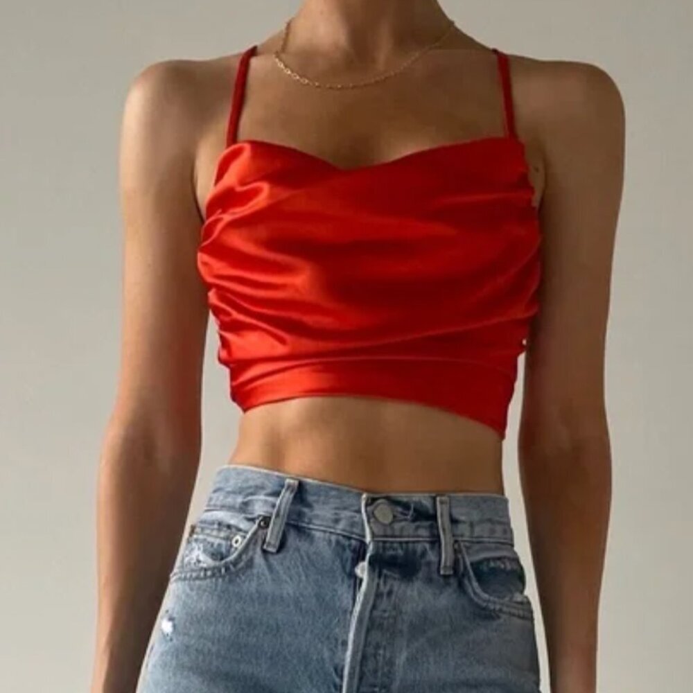 Nonchalant Label Cassica Orange Satin Camisole Top Tie Accents Sleeveless Size M